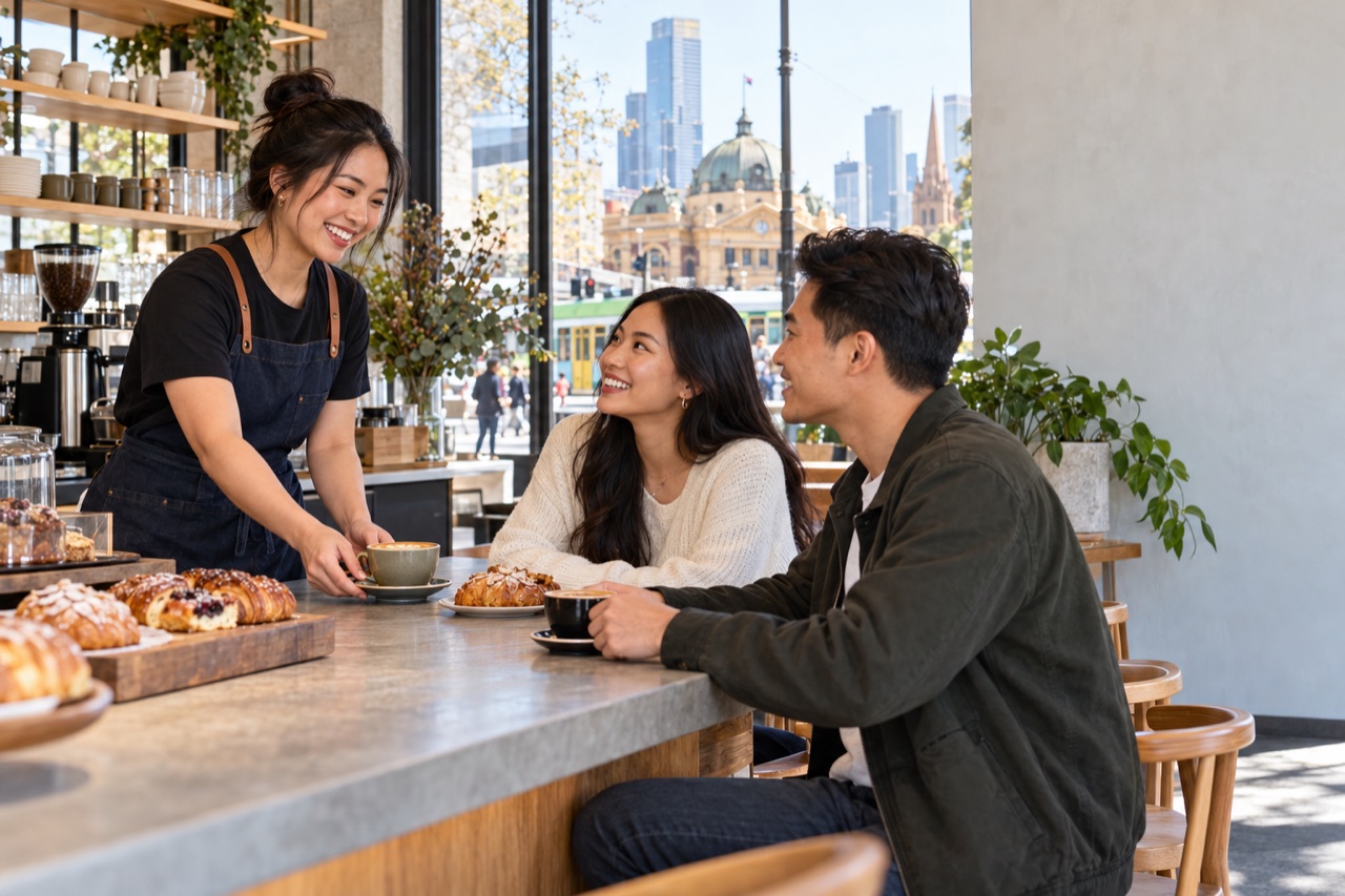 Asian-Australian customers connecting with a local business